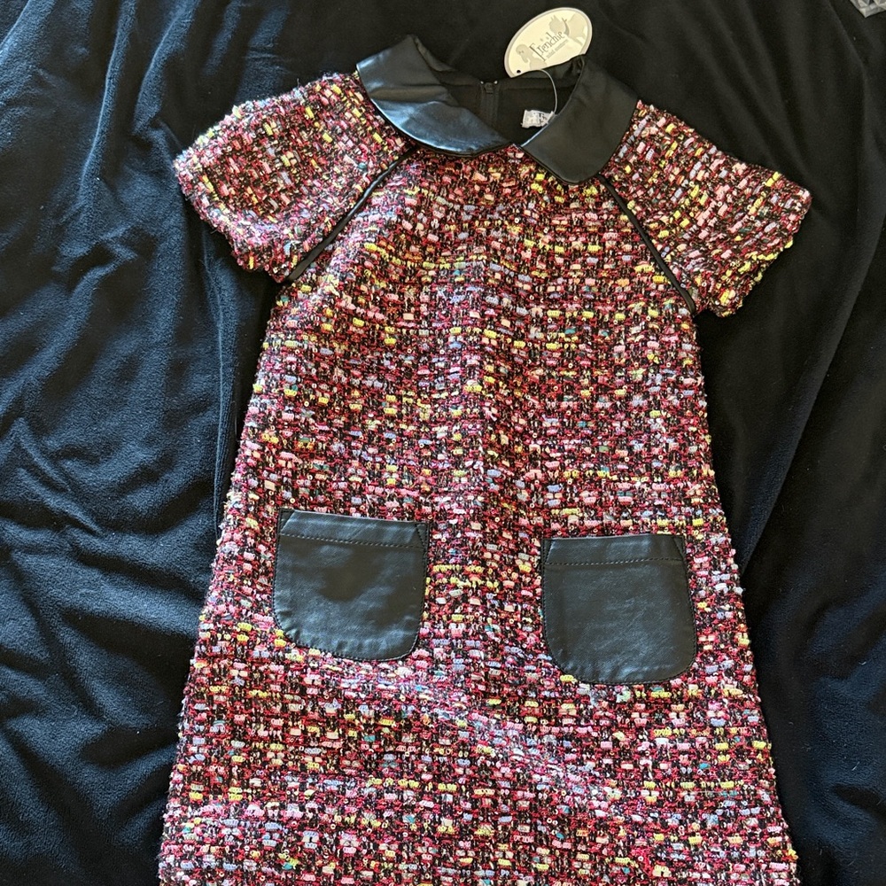 Charming Multicolor Kids Dress with Black Faux Leather Accents